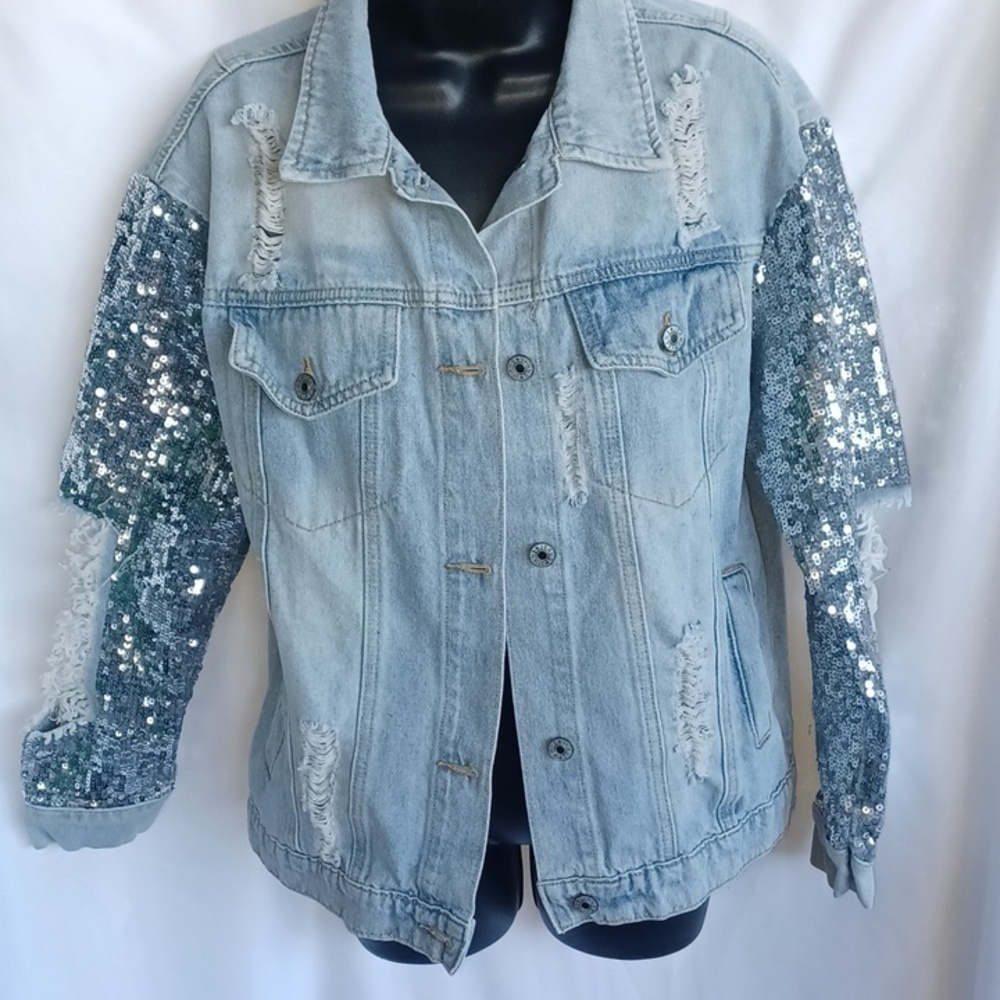 A Peach Distressed Denim Jacket with Sequin Sleeves, Sz S, 20" PTP, 22" L